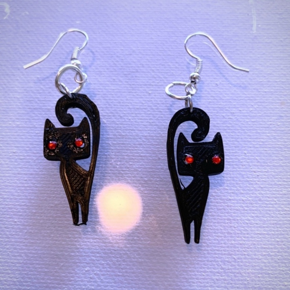 New Black Cat Handmade Artisan 3D Printed S925 Sterling Silver Dangle Earrings - Picture 3 of 7